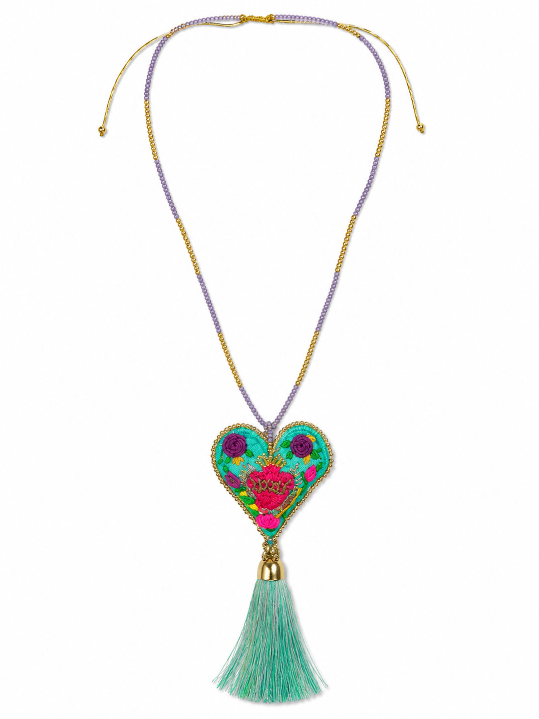 Statement sacred heart textile necklace with adjustable beaded cord and artisan embroidery on white background