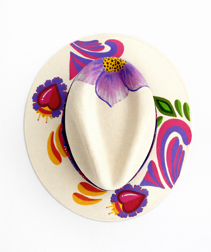 Hand painted Mexican fedora hat on white background, artisan straw hat with colorful design Bootsologie