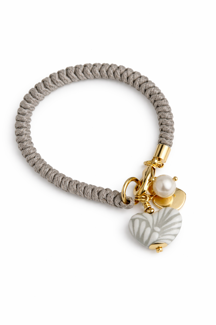     Talavera heart bracelet with hand-painted ceramic charm, freshwater pearl, and gray cord by Bootsologie