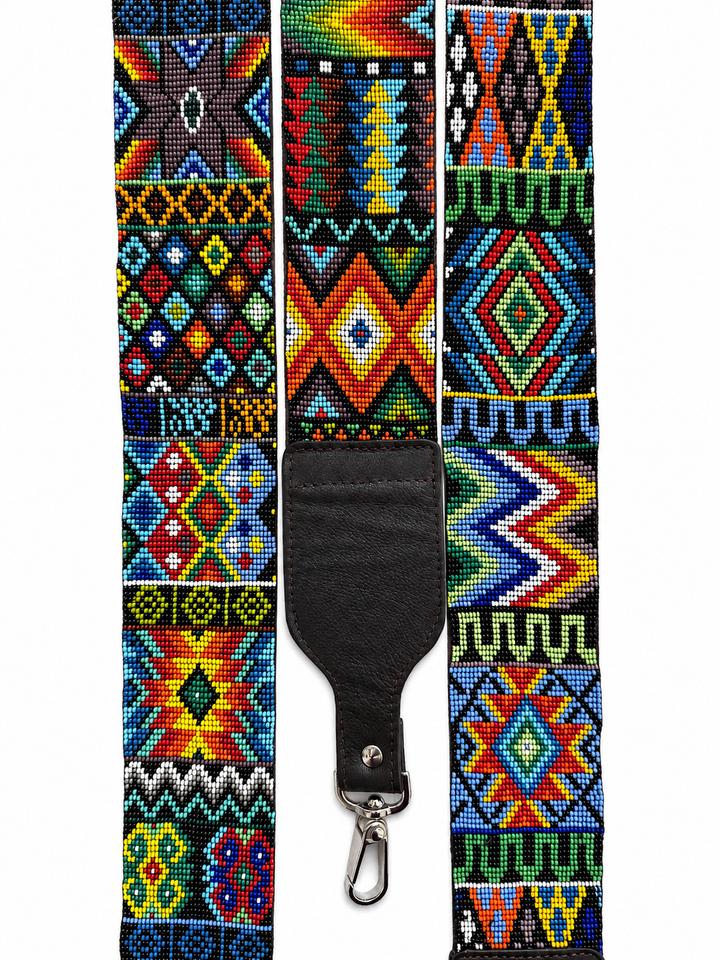 Huichol Beaded Purse Strap with Genuine Brown Leather