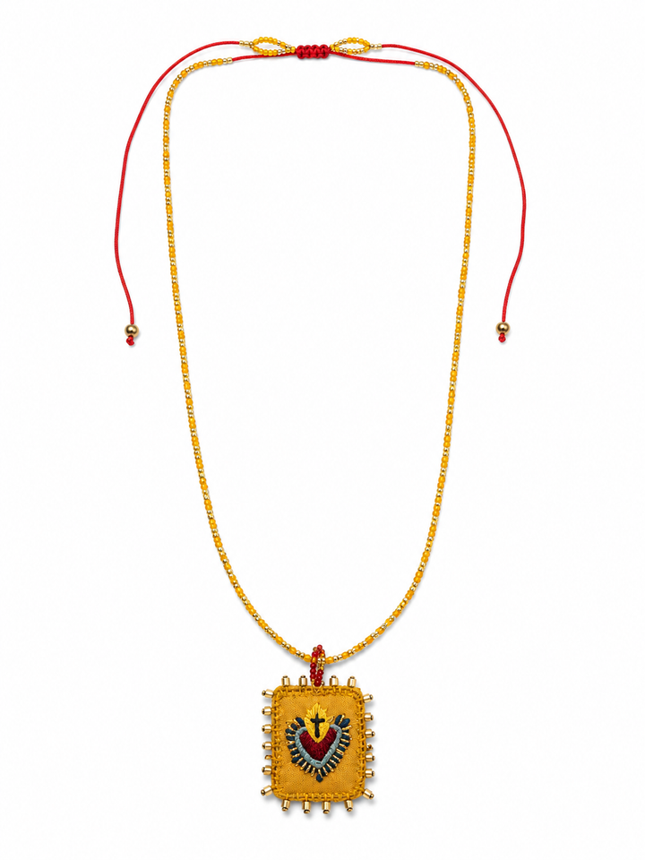 Hand Embroidered Sacred Heart Necklace – Mexican Milagros Artisan Jewelry