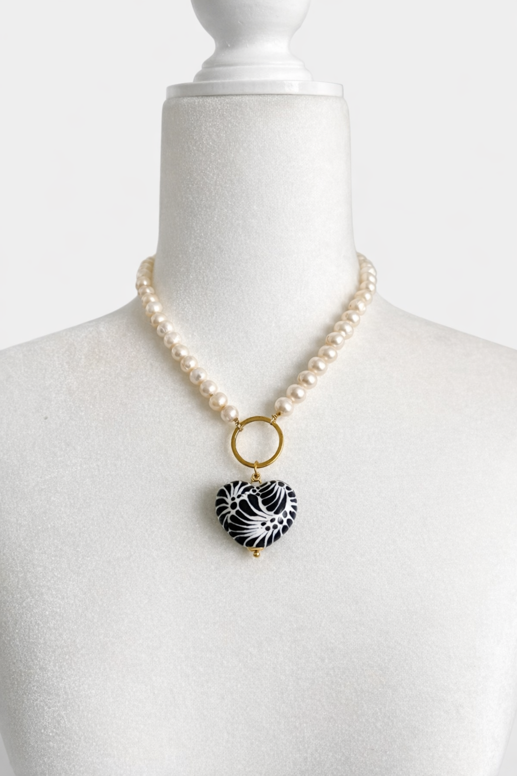 Pearl Necklace with Talavera Heart Pendant from Puebla.