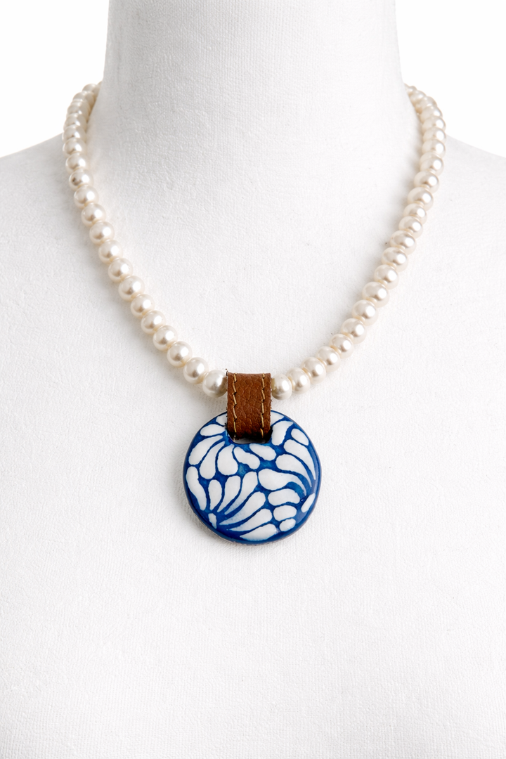 Talavera Pottery Pearl Necklace with Genuine Leather Accents