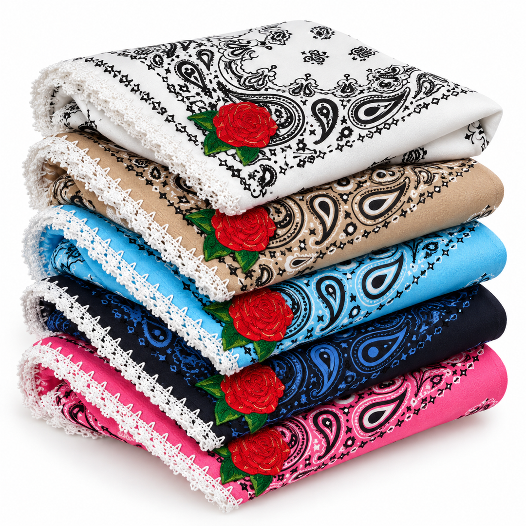 Embroidered Cotton Bandana Blue Paisley Red Rose Crochet Trim Scarf