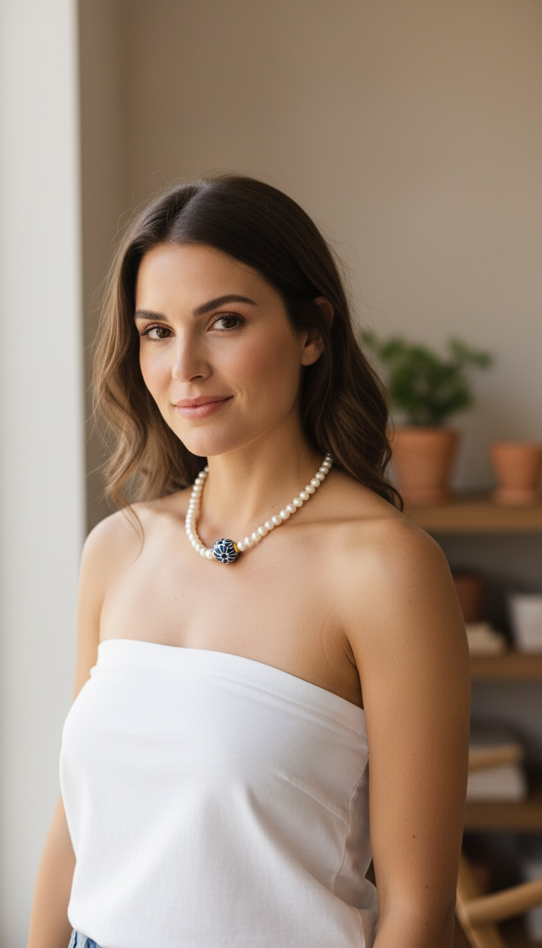 Model wearing a handmade Mexican Talavera necklace with pearl accents by Bootsologie