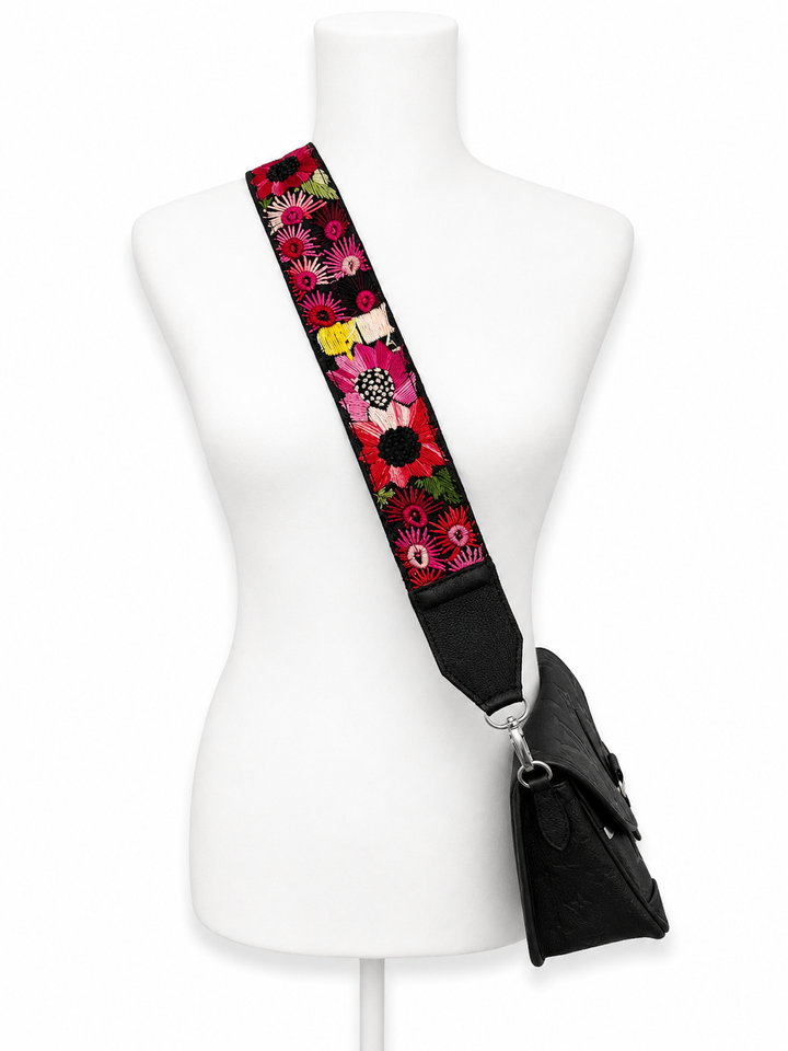 Guatemalan Embroidered Bag Strap with Black Ends