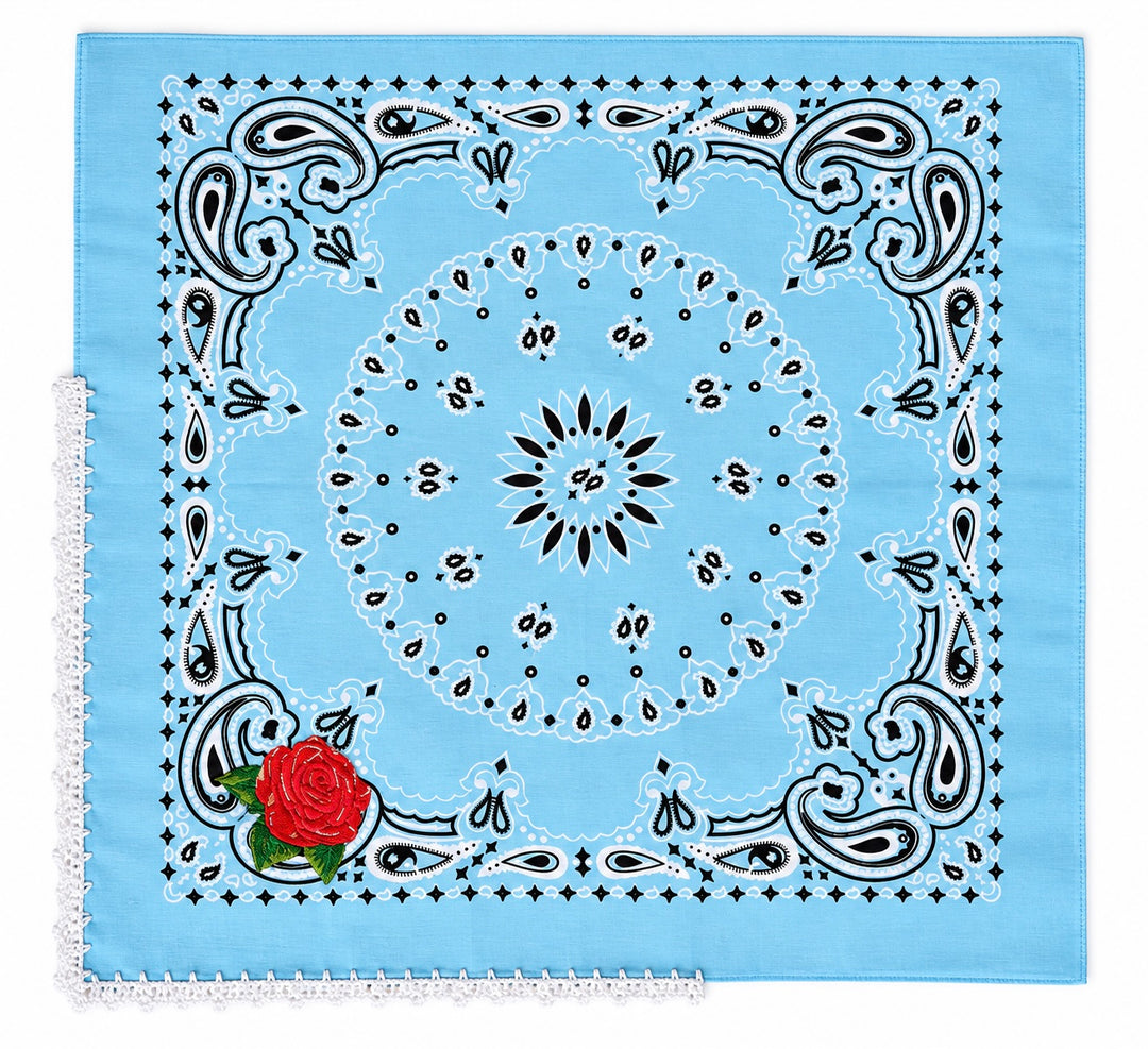 Embroidered Cotton Bandana Blue Paisley Red Rose Crochet Trim Scarf