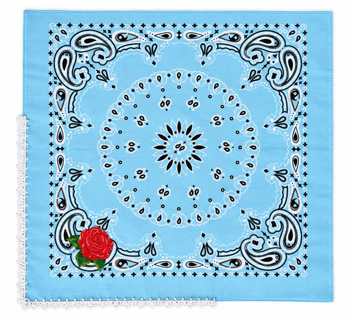 Embroidered Cotton Bandana Blue Paisley Red Rose Crochet Trim Scarf