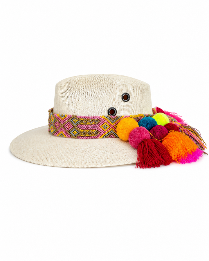 Mexican Painted Canvas Sun Hat for Women | Pom Pom Wide Brim Hat