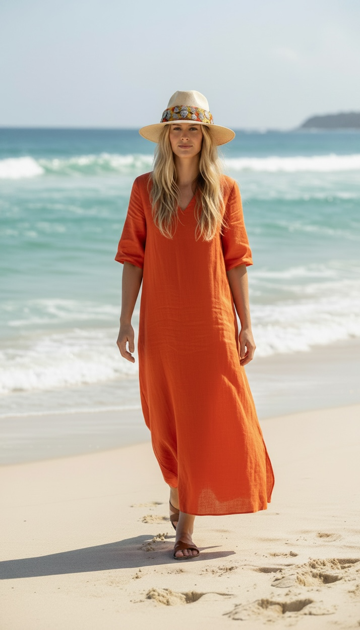  Woman styling boho wide brim straw hat with Mexican artisan band for vacation and summer outfits