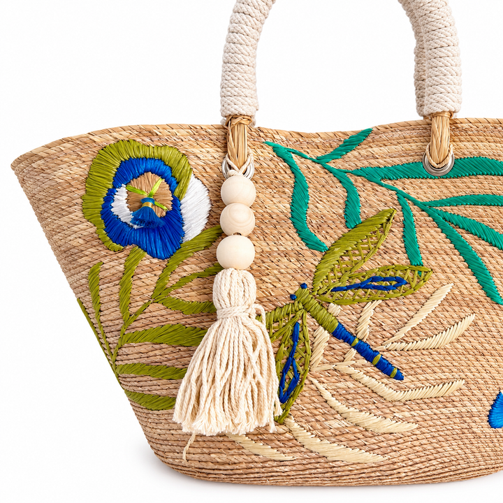 Handmade Embroidered Raffia Tote Bag