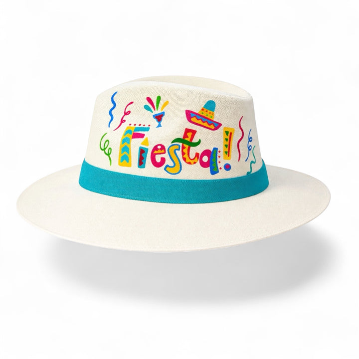 Handmade Mexican Fiesta hat with hand painted party motifs, bright green band, structured wide brim, and colorful boho vacation style by Bootsologie