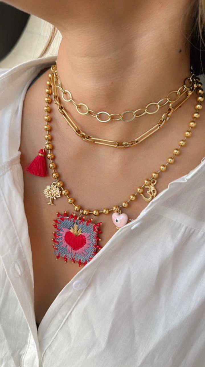 Sacred Heart Embroidered Necklace and Gold Chain