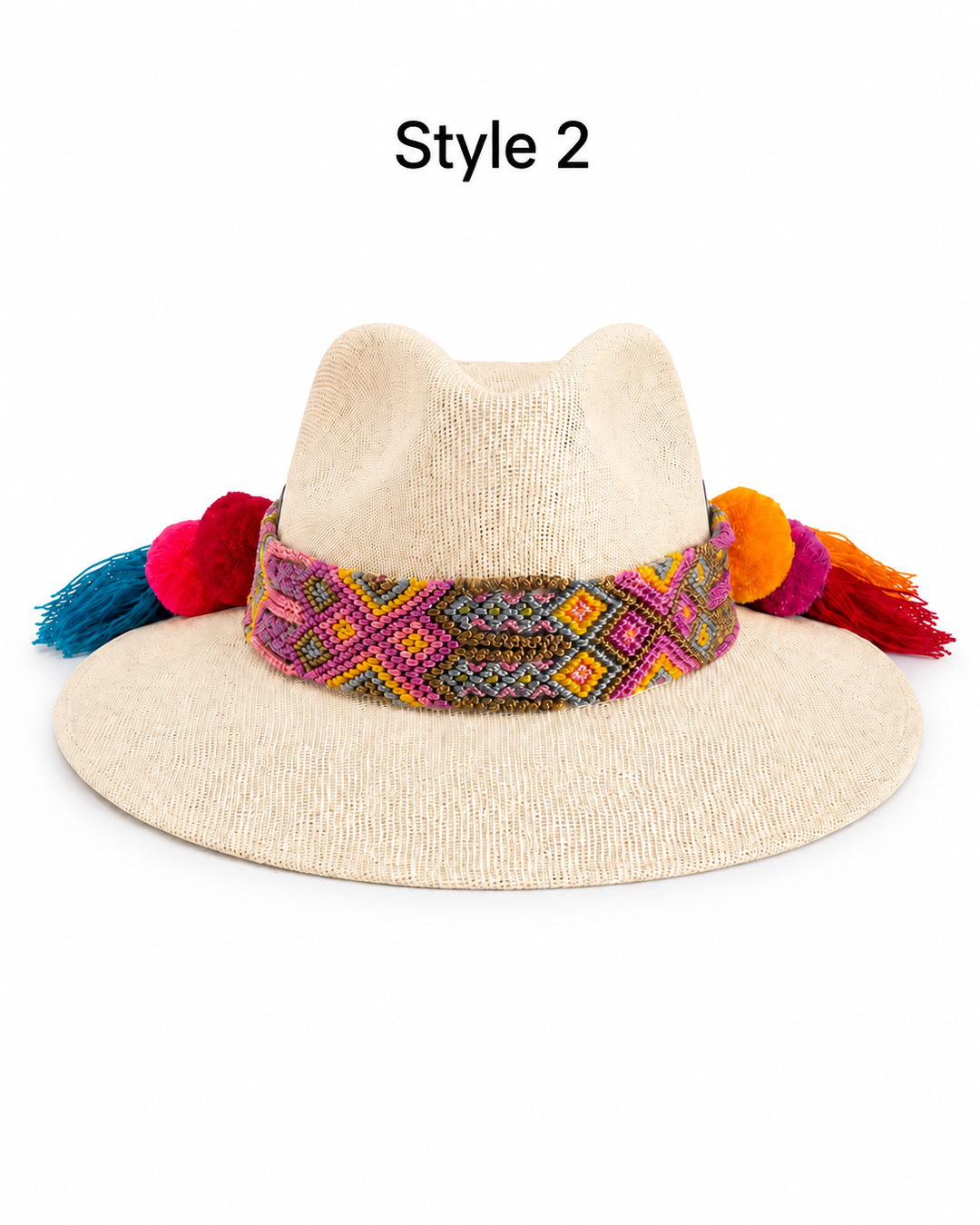 Mexican Painted Canvas Sun Hat for Women | Pom Pom Wide Brim Hat