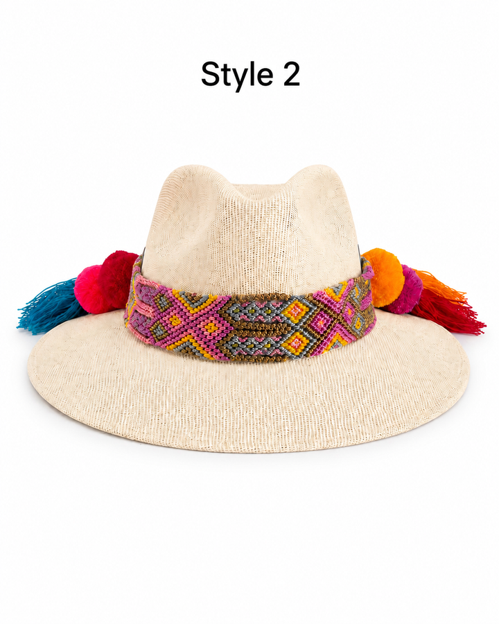 Mexican Painted Canvas Sun Hat for Women | Pom Pom Wide Brim Hat