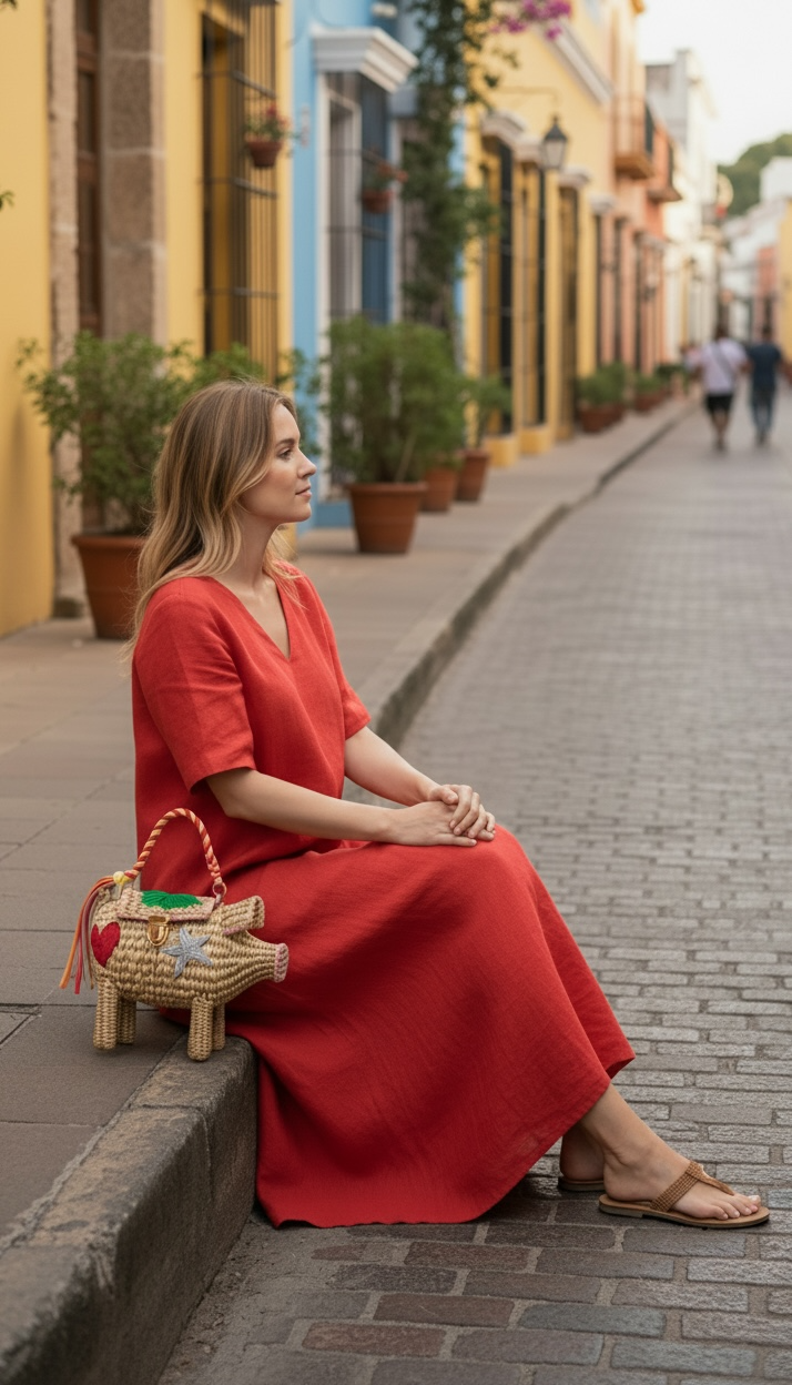 Woman wearing a one of a kind woven pig purse with braided handle and artisan embroidered details.