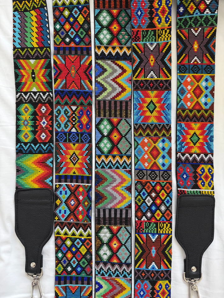 Huichol Beaded Purse Strap with Genuine Black Leather