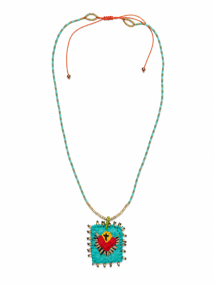 Hand Embroidered Sacred Heart Necklace – Mexican Milagros Artisan Jewelry