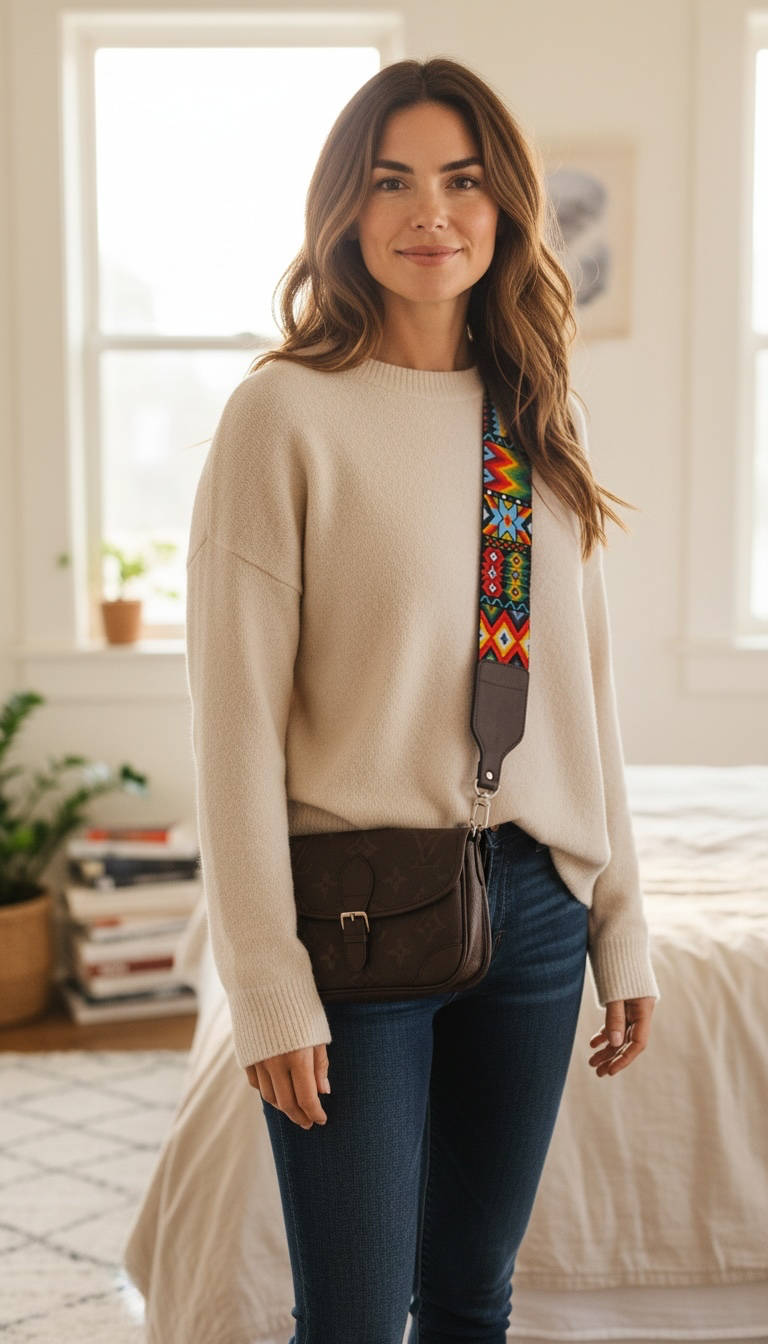 Huichol Beaded Purse Strap with Genuine Brown Leather
