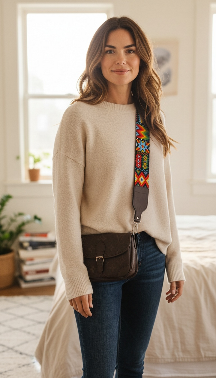 Huichol Beaded Purse Strap with Genuine Brown Leather