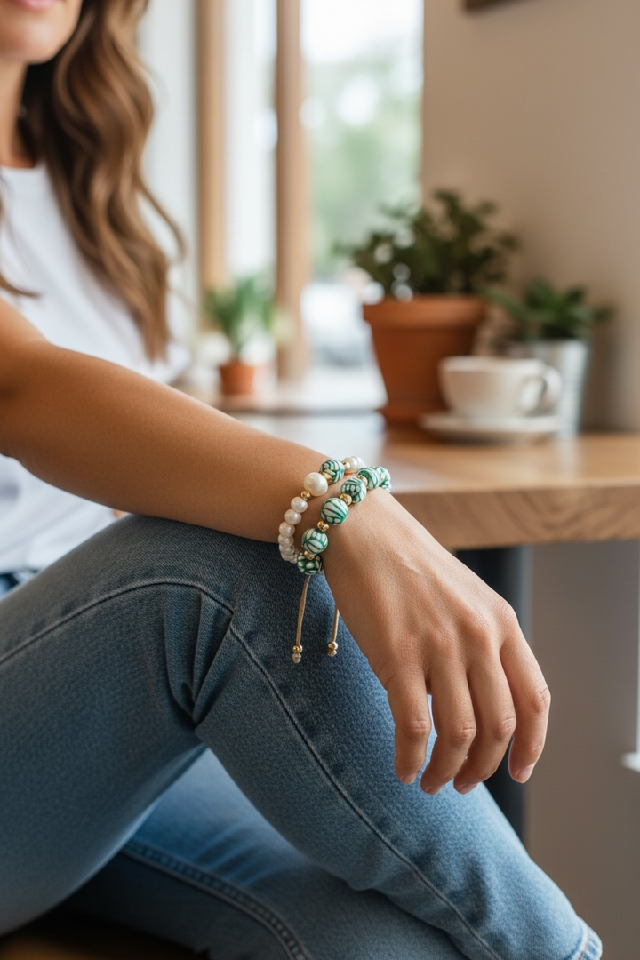 Green Talavera &amp; Pearl Bracelet