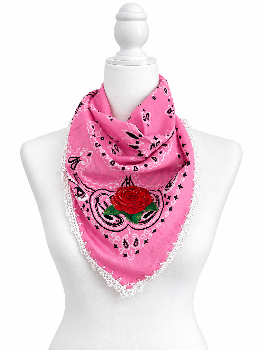 Embroidered Cotton Bandana Blue Paisley Red Rose Crochet Trim Scarf