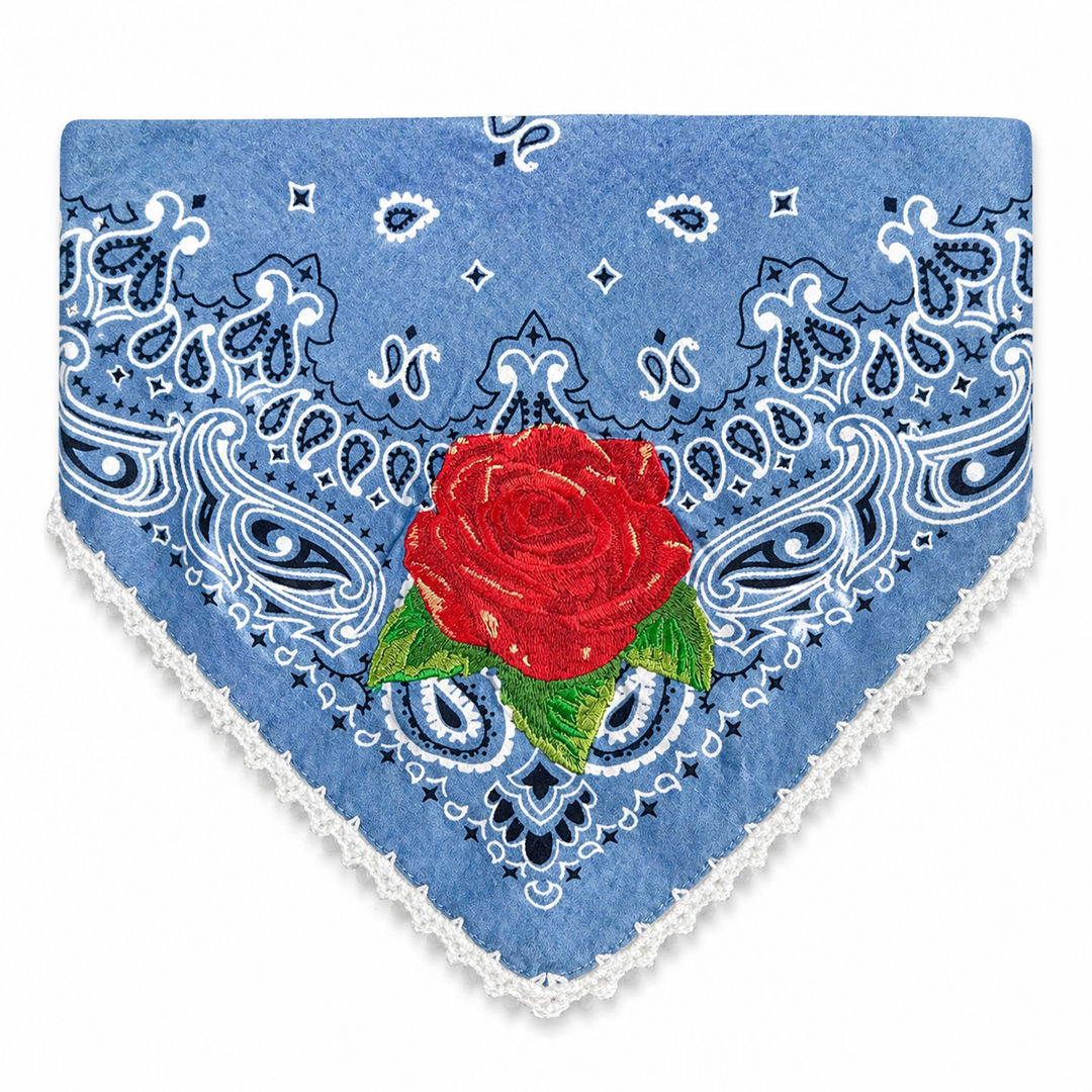 Close up embroidered rose bandana texture artisan cotton Bootsologie