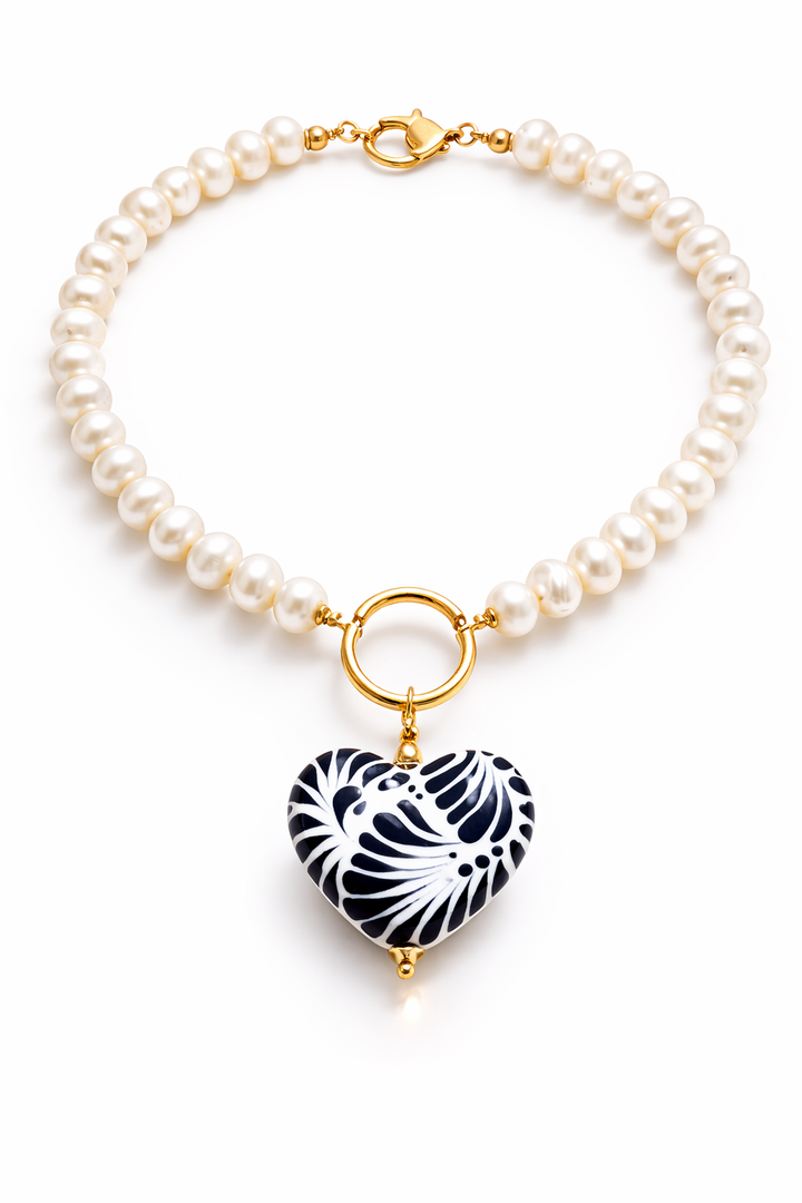 Pearl Necklace with Talavera Heart Pendant from Puebla.