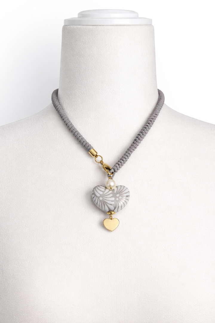 Gray Talavera Heart Pendant Necklace with Pearl