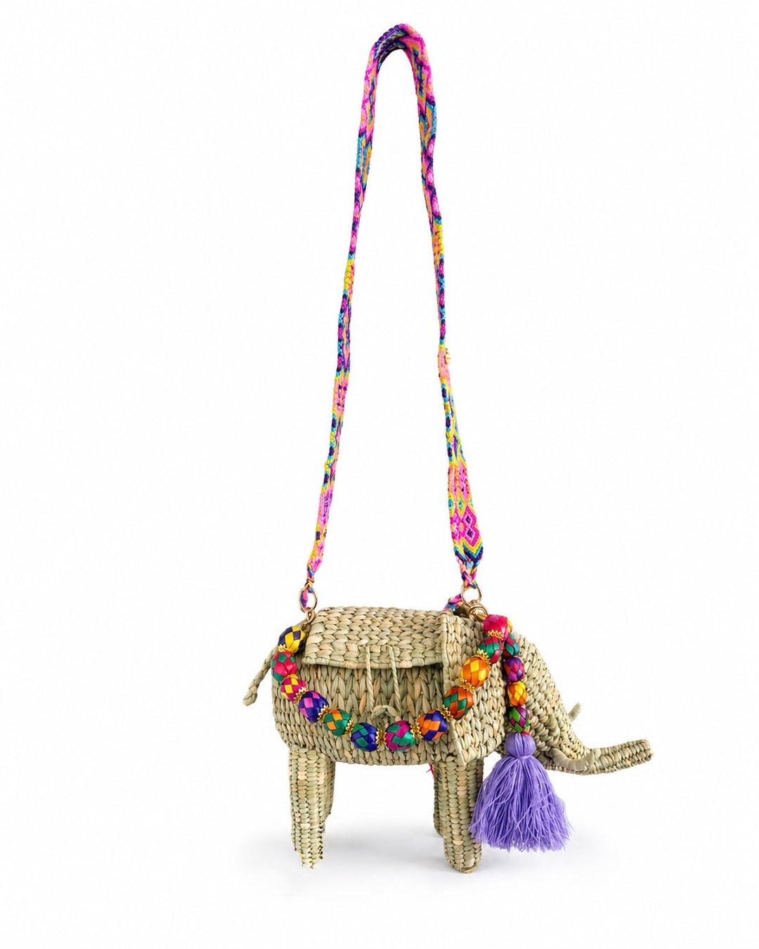 Elephant shaped straw purse with bright tassel, decorative beads and patterned woven shoulder strap
