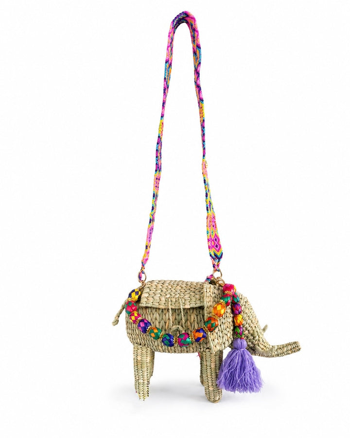 Elephant shaped straw purse with bright tassel, decorative beads and patterned woven shoulder strap