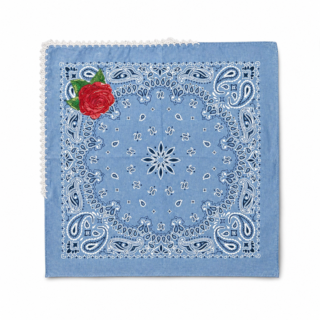 Artisan embroidered bandana blue cotton red floral detail