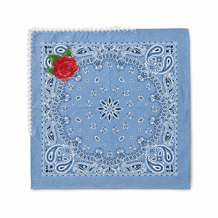 Artisan embroidered bandana blue cotton red floral detail
