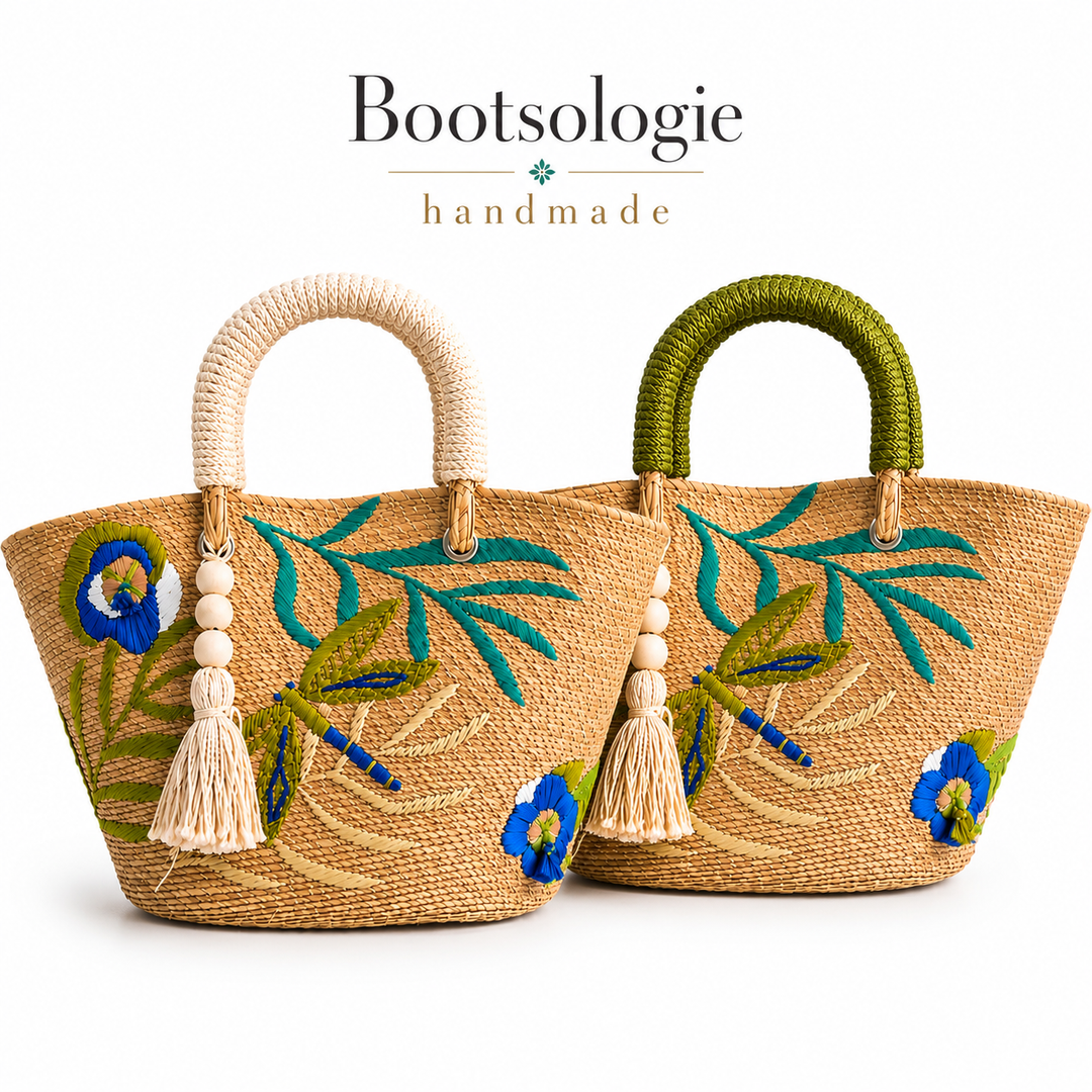 Handmade Embroidered Raffia Tote Bag
