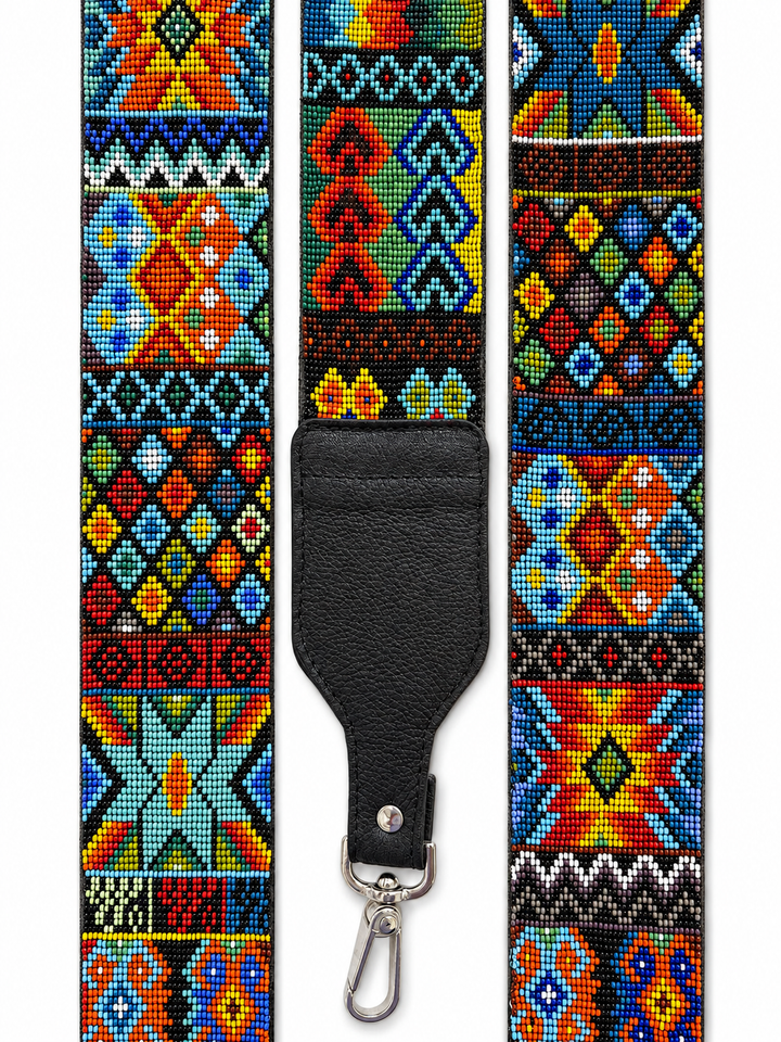 Huichol Beaded Purse Strap with Genuine Leather (Black)