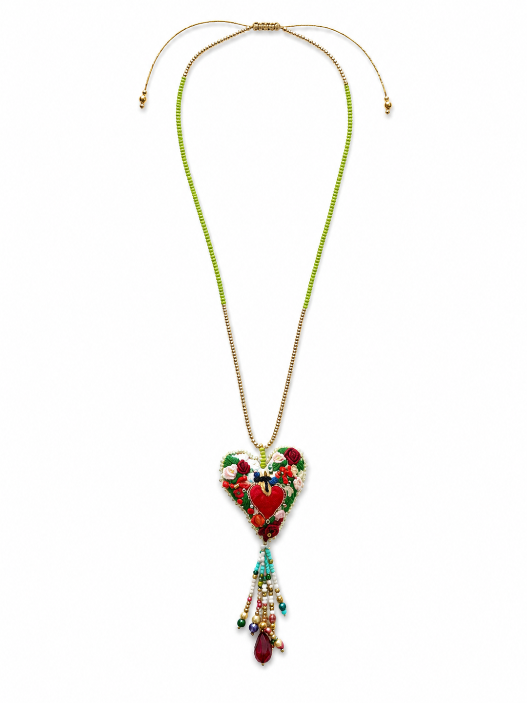 Handmade yellow sacred heart tassel necklace with embroidered heart pendant on white background