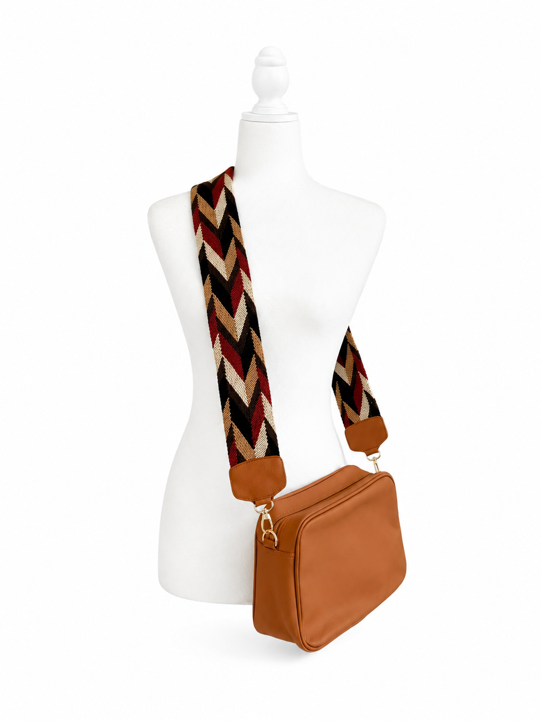 Brown leather shoulder bag with black cream tan and burgundy Wayuu strap