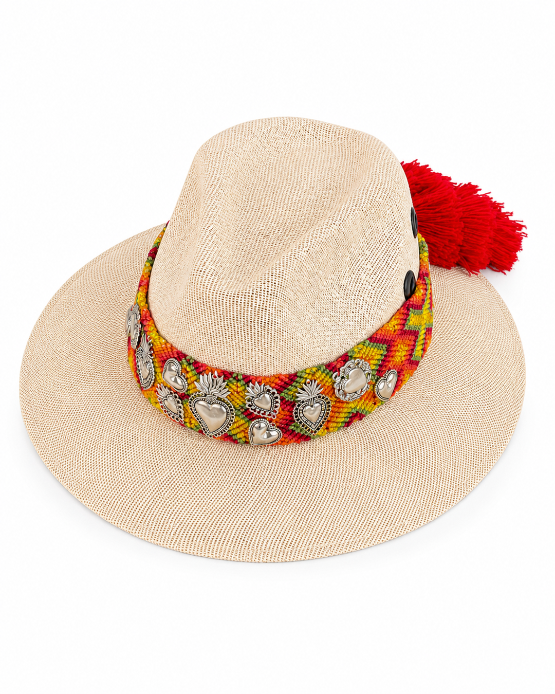 Boho Mexican artisan straw fedora hat with colorful knitted band and silver-tone heart charms