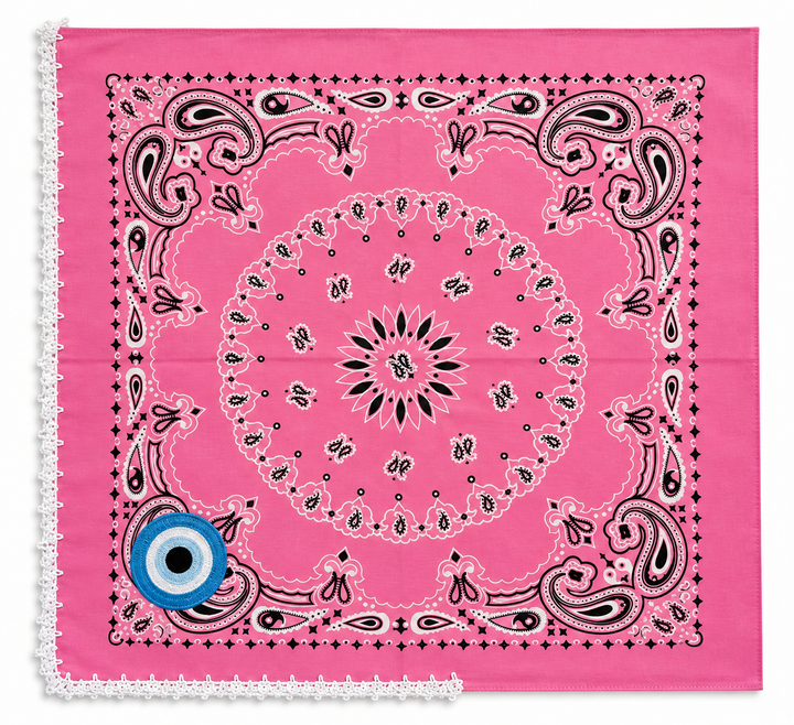 Embroidered Evil Eye Bandana – Cotton Paisley Scarf with Crochet Trim