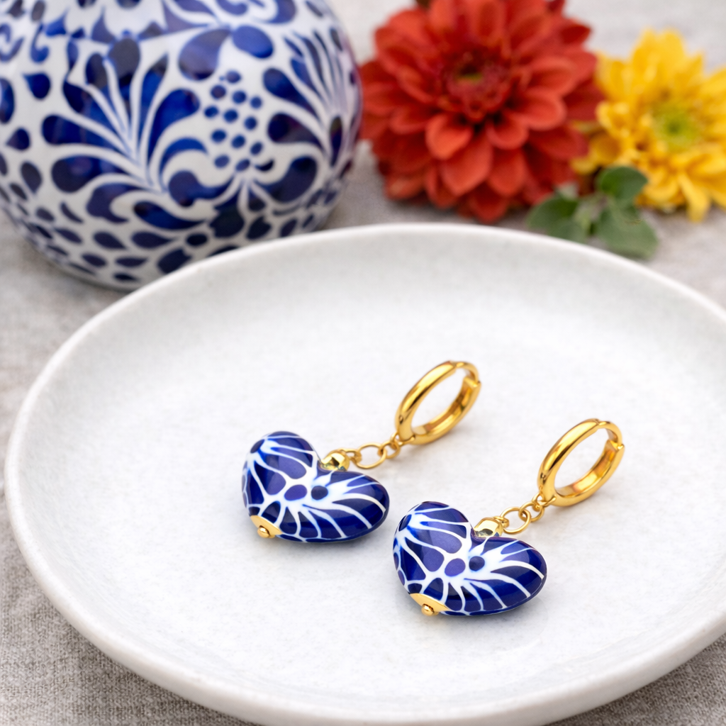 Blue Talavera Heart Earrings from Puebla Mexico