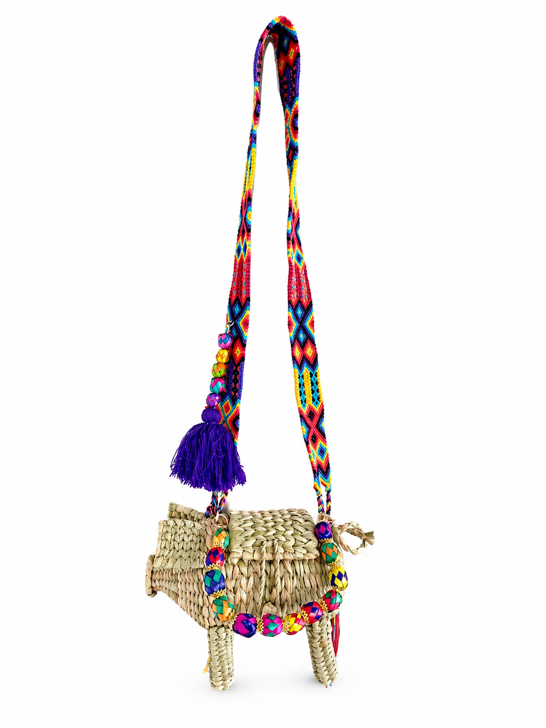 Pig Palm Crossbody Bag – Handwoven Straw Animal Bag with Woven Strap