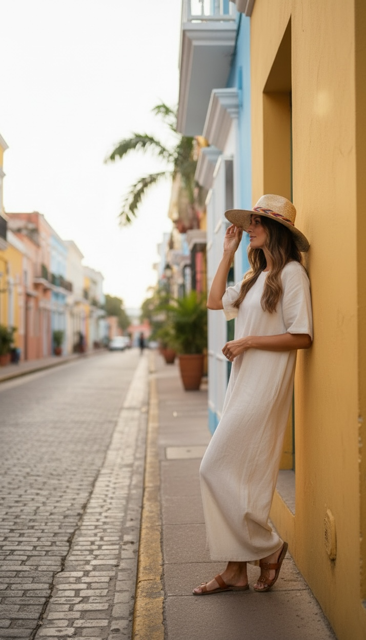 Model wearing Colombian straw sun hat with Wayuu-style band for a summer vacation outfit