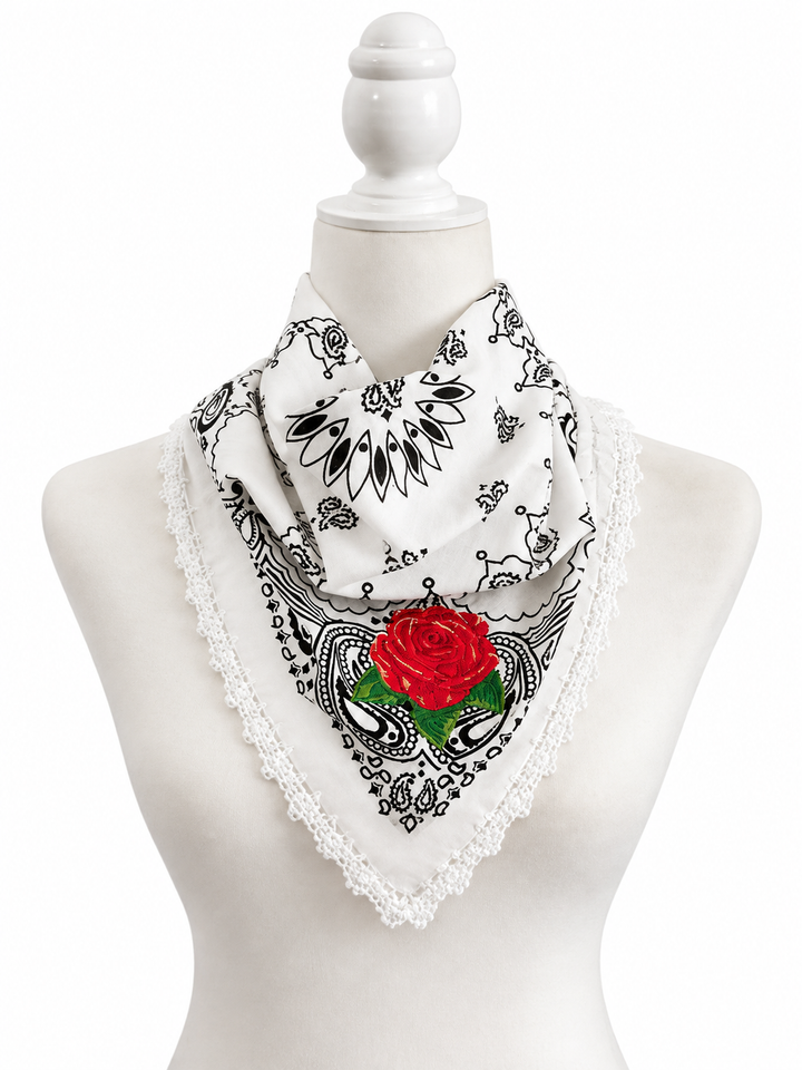 Embroidered Cotton Bandana Blue Paisley Red Rose Crochet Trim Scarf