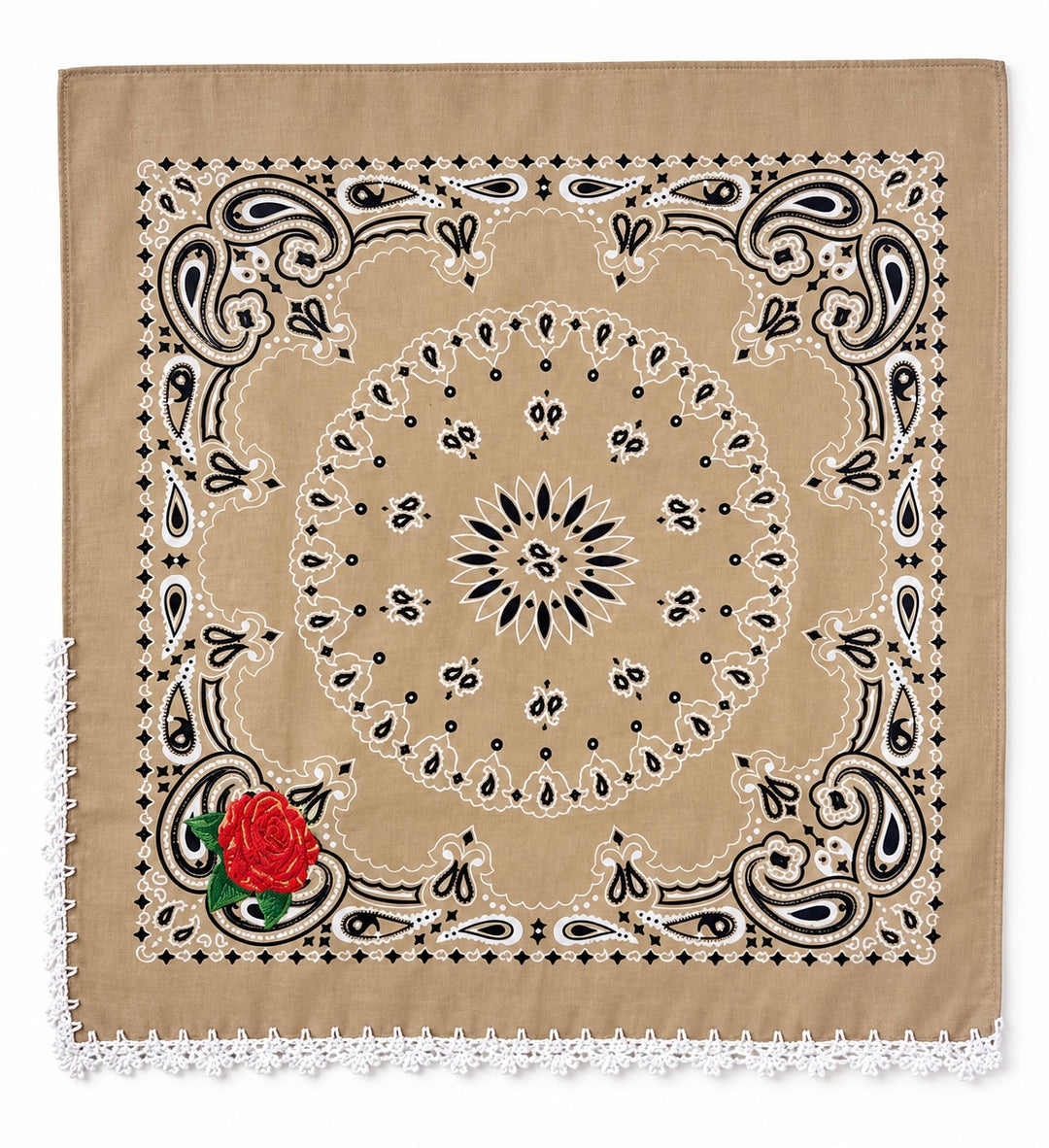 Embroidered Cotton Bandana Blue Paisley Red Rose Crochet Trim Scarf