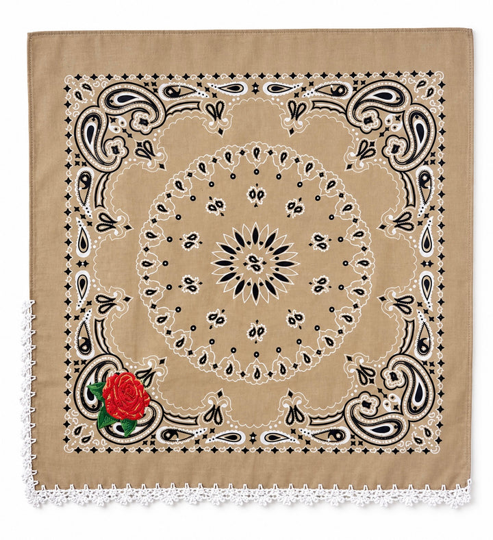 Embroidered Cotton Bandana Blue Paisley Red Rose Crochet Trim Scarf