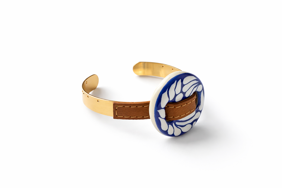 Talavera Cuff Bracelet with Genuine Leather Accent