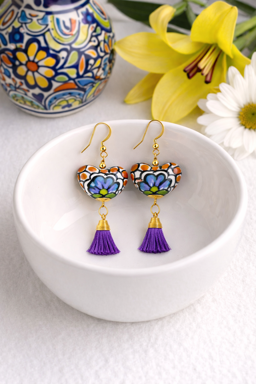 Talavera Pottery Heart Earrings with Colorful Tassels