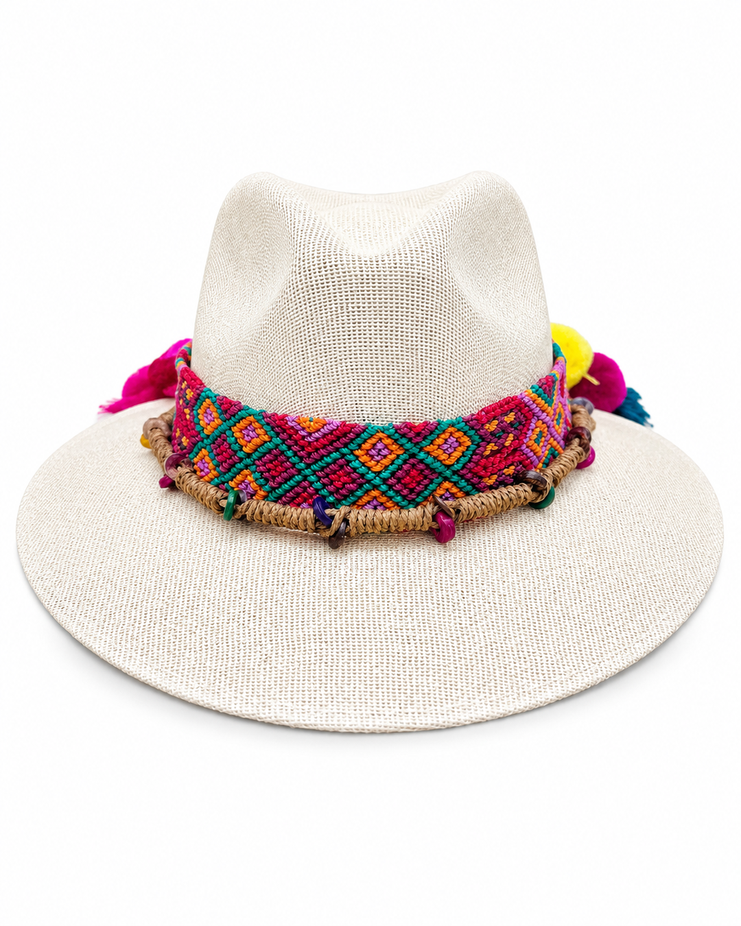 Natural straw sun hat with colorful Mexican-inspired band and cord trim on white background