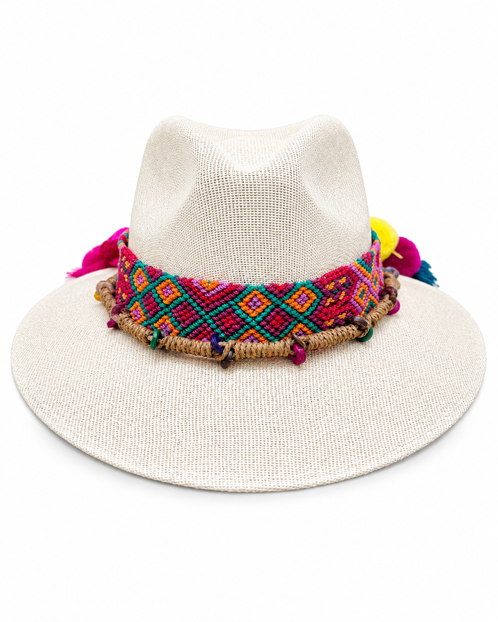 Natural straw sun hat with colorful Mexican-inspired band and cord trim on white background
