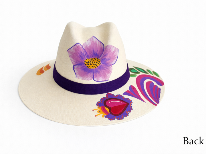 Hand painted Mexican fedora hat on white background, artisan straw hat with colorful design Bootsologie
